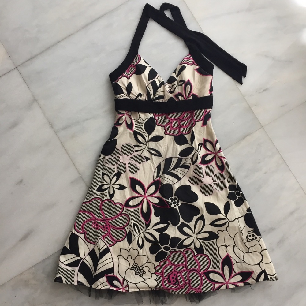 Hot pink, black and white flowered halter dress